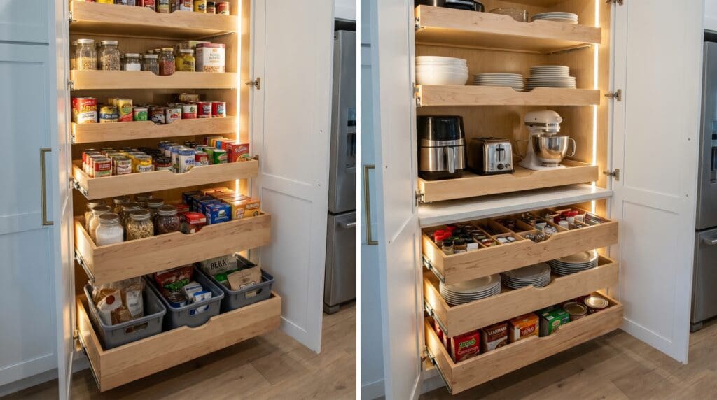 A kitchen pantry cabinet upgraded with pull out drawers and sliding shelves for better storage organization and access to items in the back of deep shelves Gardenfrontier Pull out drawers installed inside a kitchen pantry cabinet with cans jars and dry goods organized on sliding shelves