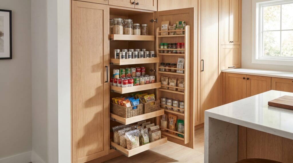 A modern kitchen with a tall pull out pantry cabinet opened to show sliding shelves pantry racks jars cans spices snacks and dry goods organized in a narrow cabinet Gardenfrontier A tall pull out pantry cabinet with sliding shelves filled with jars cans spices and dry goods