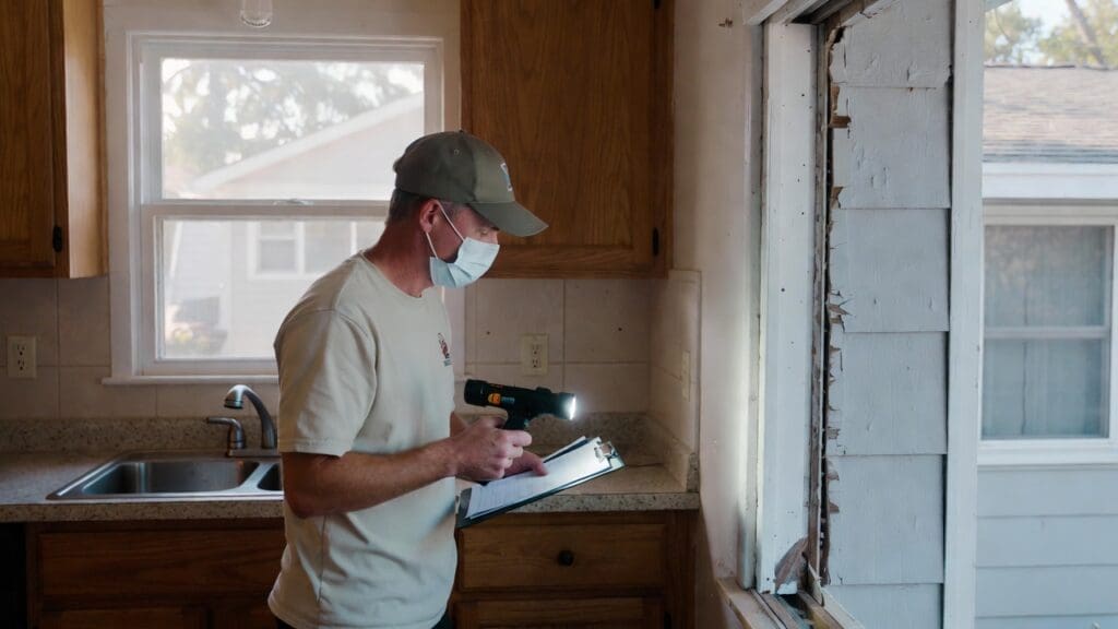 Pest control technician inspecting a residential kitchen and exterior wall for common household pests Gardenfrontier Pest control technician inspecting a residential kitchen and exterior wall for common household pests