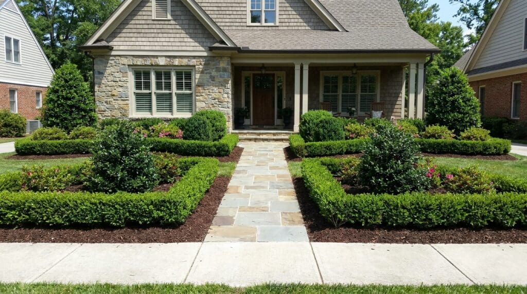 Neatly planted foundation hedges framing the front of a house with evergreen shrubs mulch and a clear walkway Gardenfrontier Neatly planted foundation hedges framing the front of a house with evergreen shrubs mulch and a clear walkway