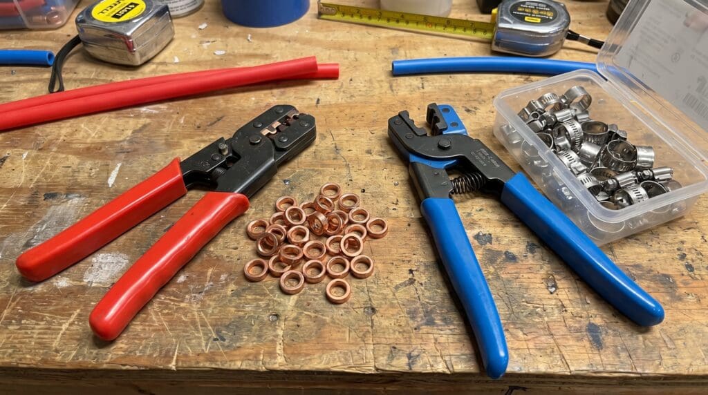 PEX crimp and clamp tools with copper crimp rings and stainless steel cinch clamps on a workbench Gardenfrontier PEX crimp and clamp tools with copper crimp rings and stainless steel cinch clamps on a workbench