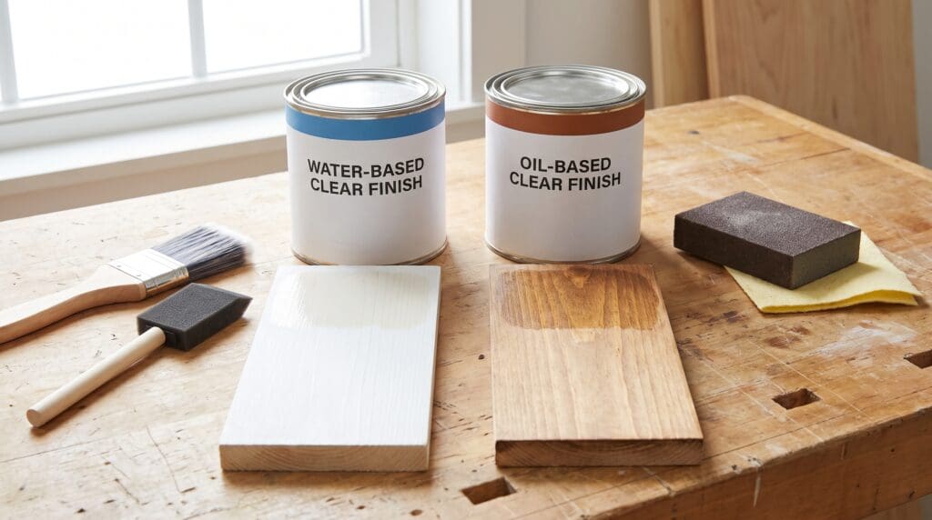 Polycrylic and polyurethane clear finish cans with brushes on a wood tabletop Gardenfrontier Polycrylic and polyurethane clear finish cans with brushes on a wood tabletop