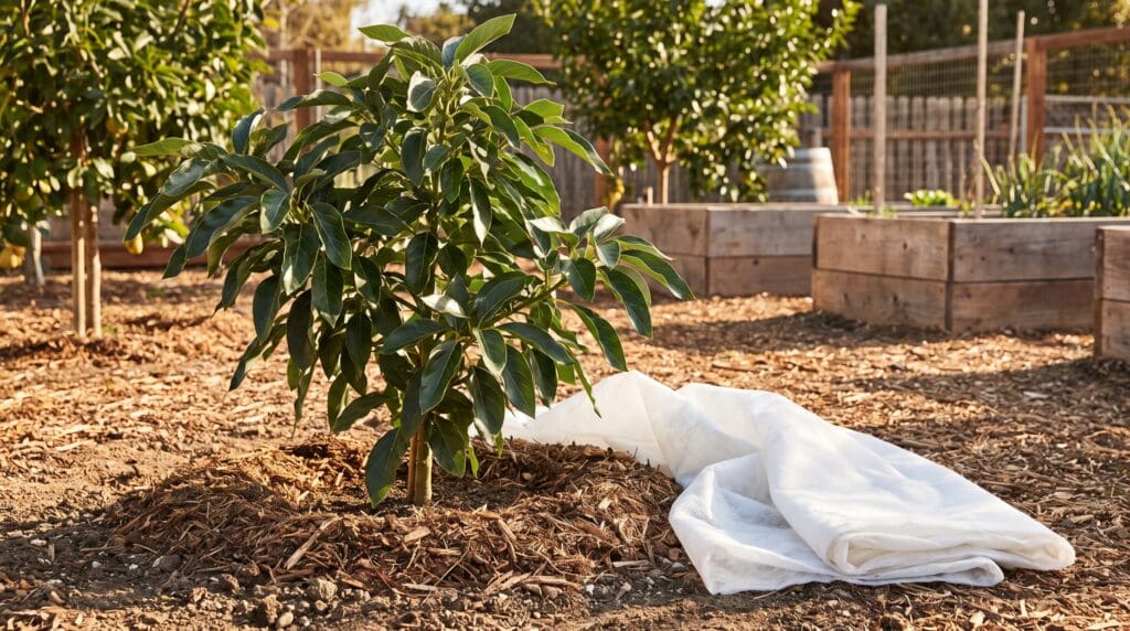 Cold hardy avocado tree growing in a sunny home garden with mulch and frost protection nearby Gardenfrontier Cold hardy avocado tree growing in a sunny home garden with mulch and frost protection nearby