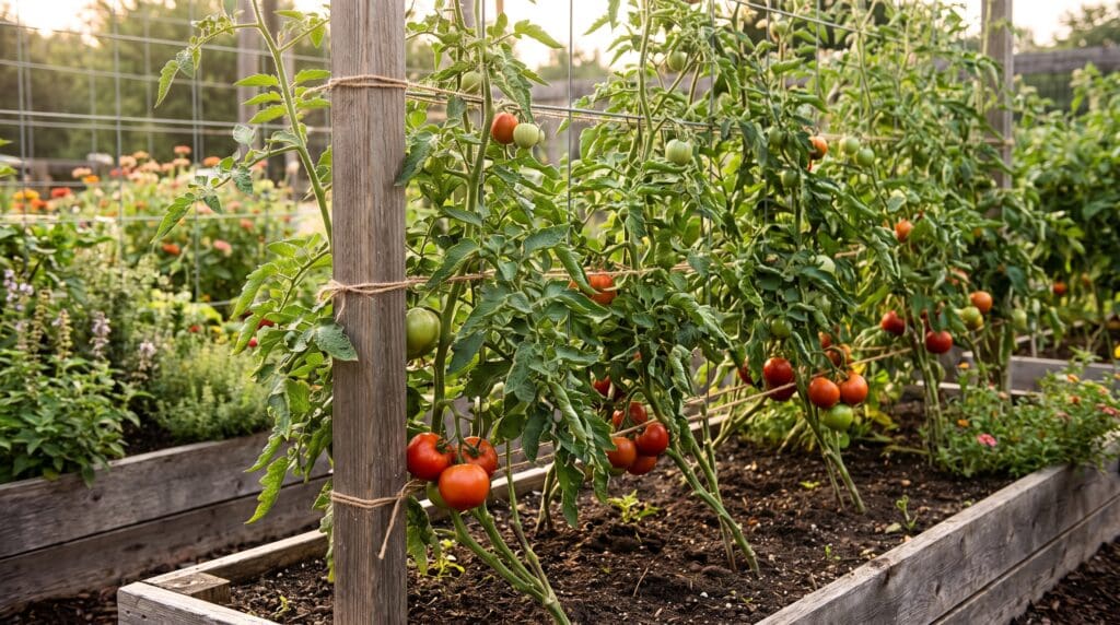 Indeterminate tomato plants growing on tall supports with ripe tomatoes in a vegetable garden Gardenfrontier Indeterminate tomato plants growing on tall supports with ripe tomatoes in a vegetable garden