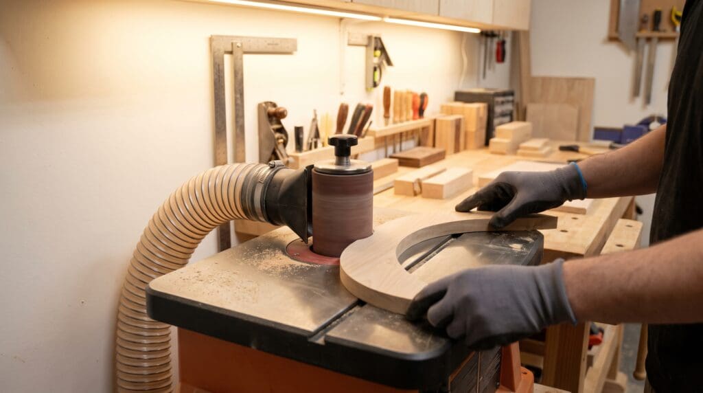 Oscillating spindle sander smoothing a curved wooden workpiece in a woodworking shop Gardenfrontier Oscillating spindle sander smoothing a curved wooden workpiece in a woodworking shop