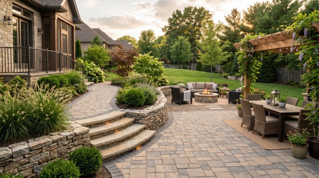 Backyard hardscaping with paver patio stone retaining wall walkway and landscaped planting beds Gardenfrontier Backyard hardscaping with paver patio stone retaining wall walkway and landscaped planting beds